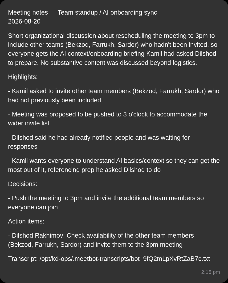 A real meeting-notes message delivered to Telegram: title, short summary, highlights, decisions, and action items with an owner and due date