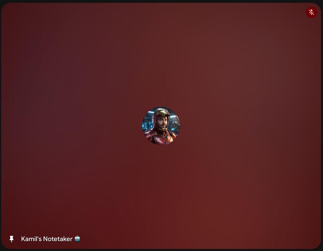 The self-hosted meeting bot, named 'Kamil's Notetaker', shown as a participant tile inside a live Google Meet call